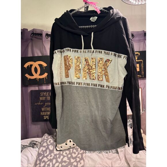 VS PINK Bling Hoodie Pullover -size Medium black gold bling sequin - Picture 2 of 7